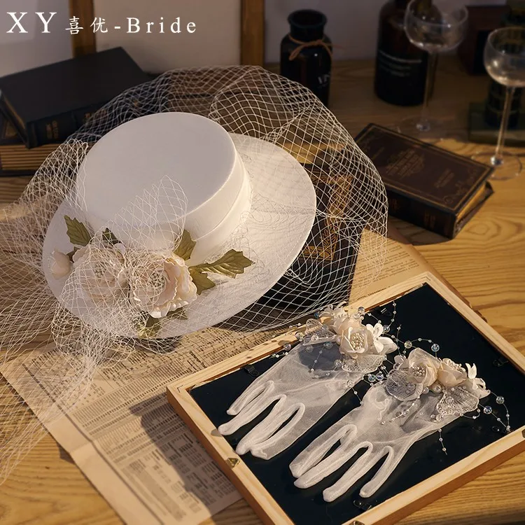 French Style White Large Wedding Hat Viintage Flower Leaves Fedoras Elegant Ladies Photo Shoot Fancy Party Formal Hat Headwear