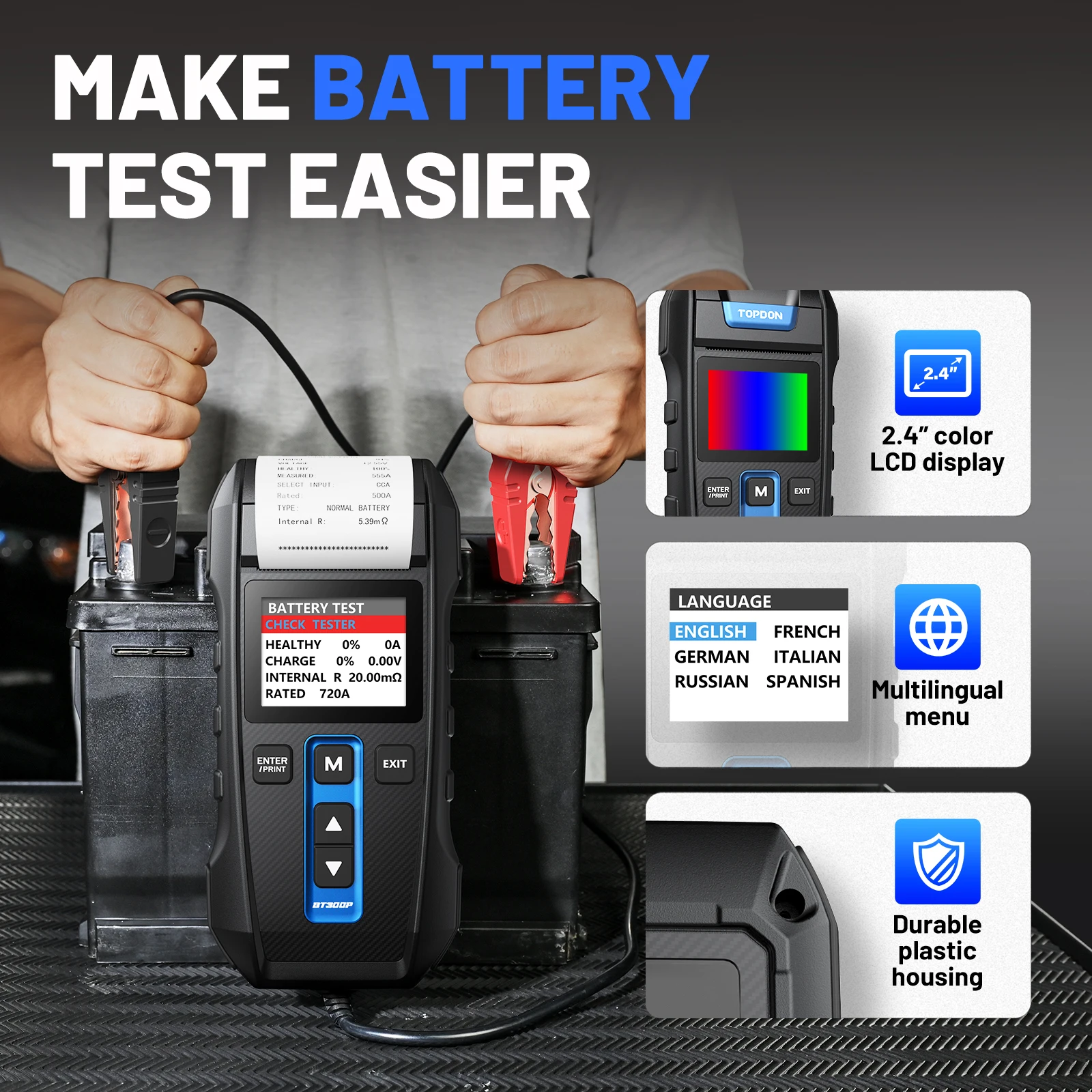 TOPDON BT300P 12V 24V Automotive Battery Tester with Built-in Printer 100‑2000CCA Battery Analyzer Test Cranking Charging Test Multi‑Language Car Diagnostic Tool for Car