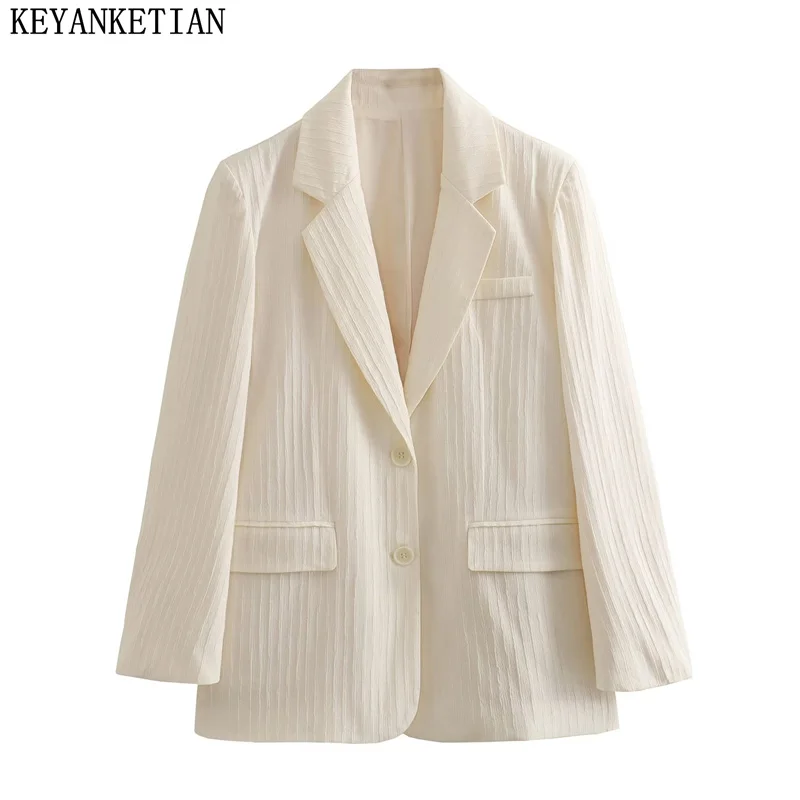 

KEYANKETIAN Autumn New Women's Pleated Effect Suit Pockets Notched Collar Single Breasted Office Lady Beige Outerwear TOPS