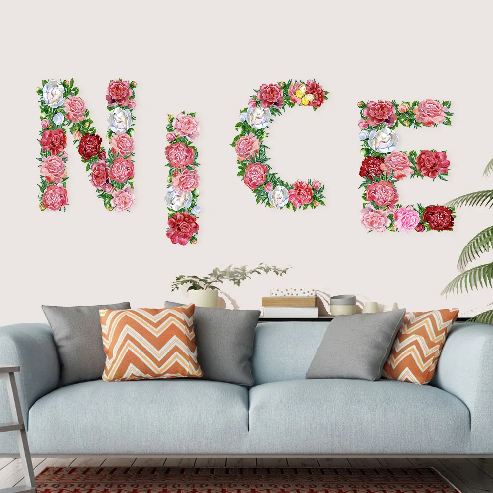 30cm Creative Flowers Letter Numeral Spell Wall Stickers Bohemian Alphabet Flower Sticker For Home Decor Party Wedding Decals