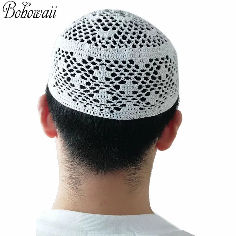 BOHOWAII Muslim Man Handmade Cap Cotton Crochet Prayer Hat Saudi Arabia Comfortable Kippa Chapeau Homme Musulman