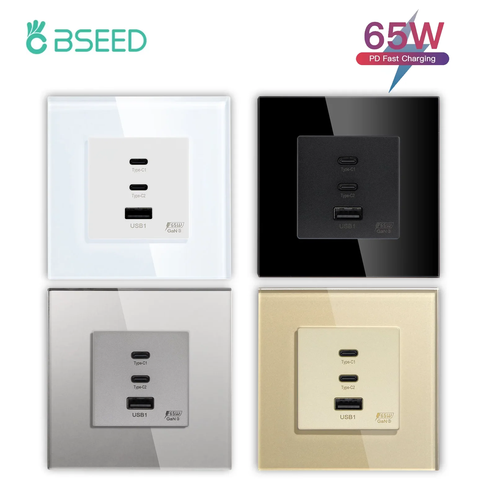 BSEED 65W Double Type-c Plus USB Fast Charging Ports 3A Wall Power Socket Crystal Glass Frame EU Standard 86*86mm