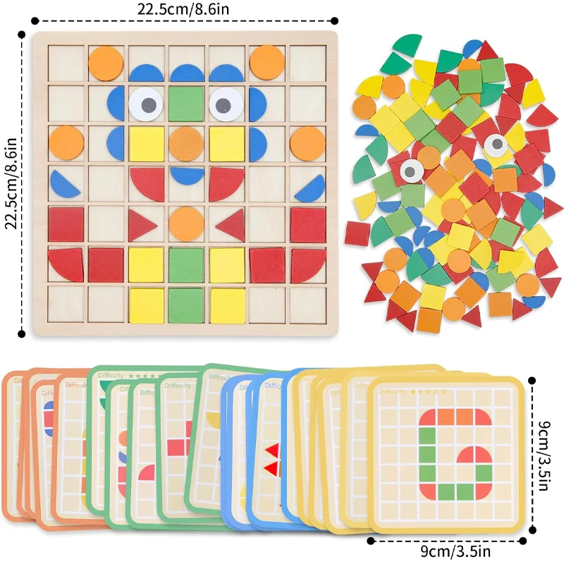 Montessori Tangram Educatief Geometrische Vormen Puzzel Speelgoed met 120 Stuks Houten Puzzelblokken en 20 Stuks Kaarten Patroon Kinderen Geschenken