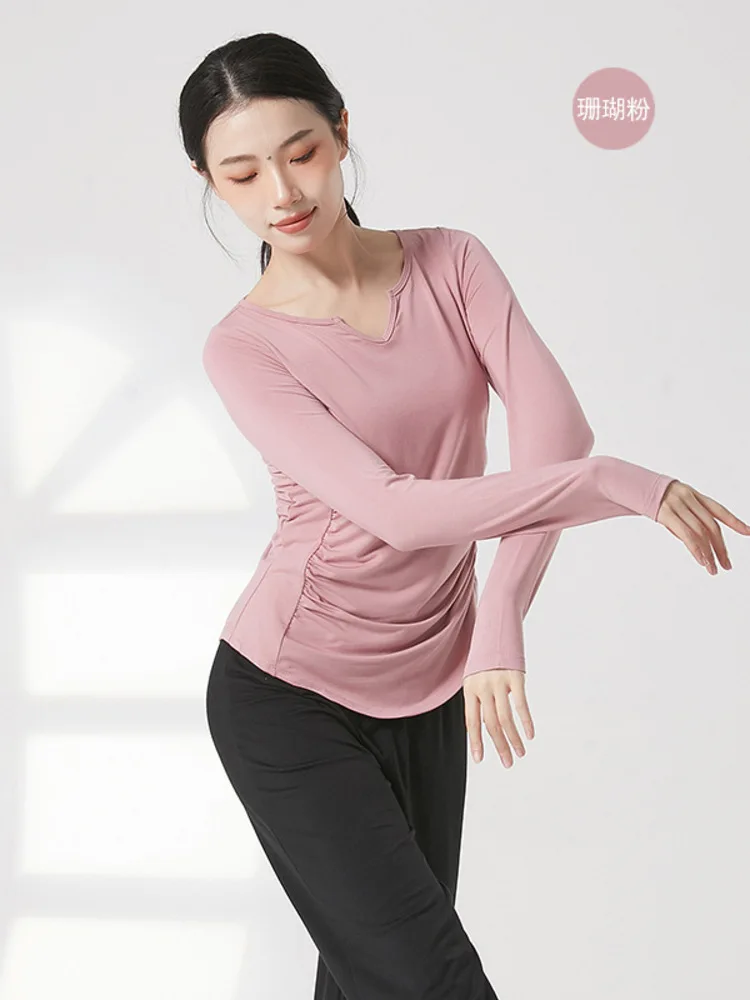 Long Sleeves Kpop Stage Costume Latin Dance Women Tops Line Jazz Solid Color Chinese Folk Classic Pleated Female T-shirt