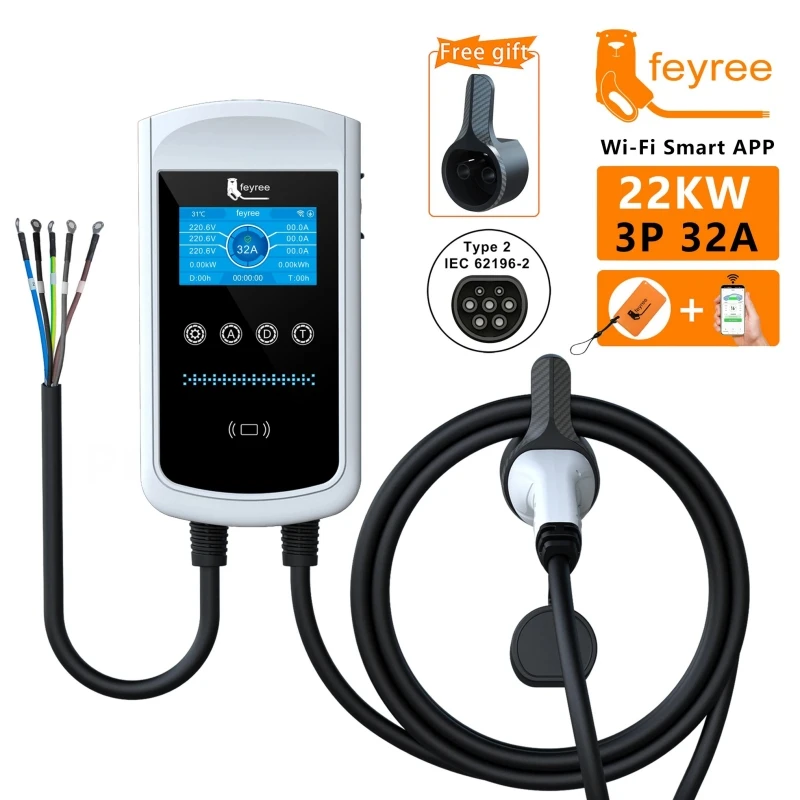Feyree Type2 32A 22kW EV-lader 11kW 3P EVSE wandlader 7.6kW 1P 4.3 inch scherm Nieuwe slimme APP-besturing laadstation autolader