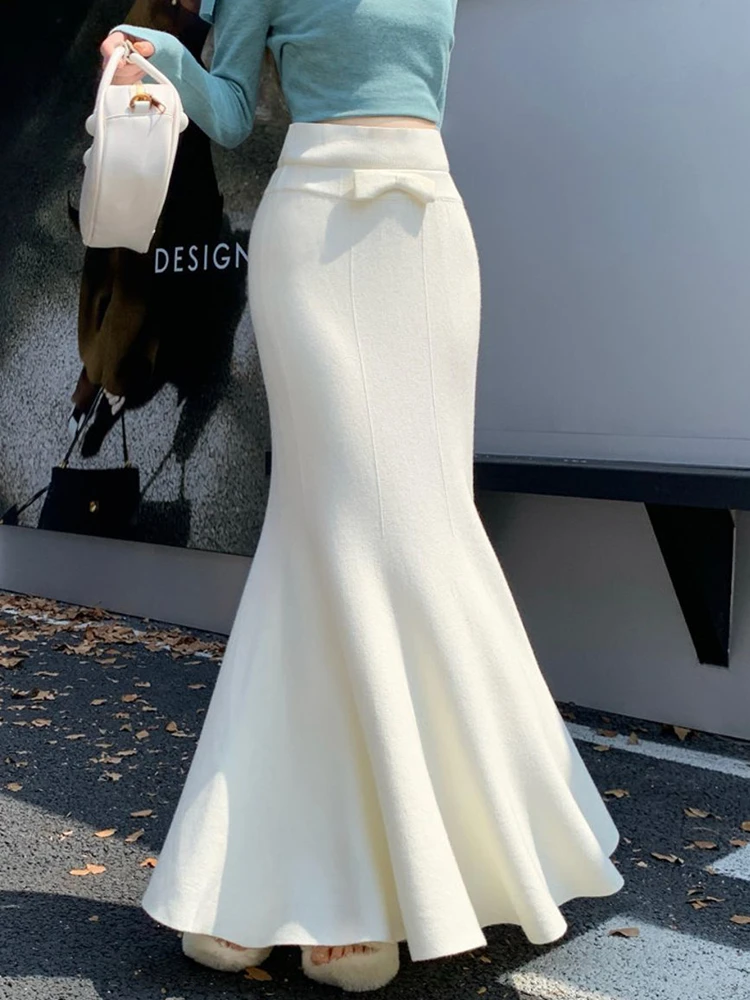 Women Sexy Long Black Mermaid Skirts 2026 Autumn Winter Thick Knitted Mid Length Wrap Skirt Elegant Korean Bow Streetwear Skirt