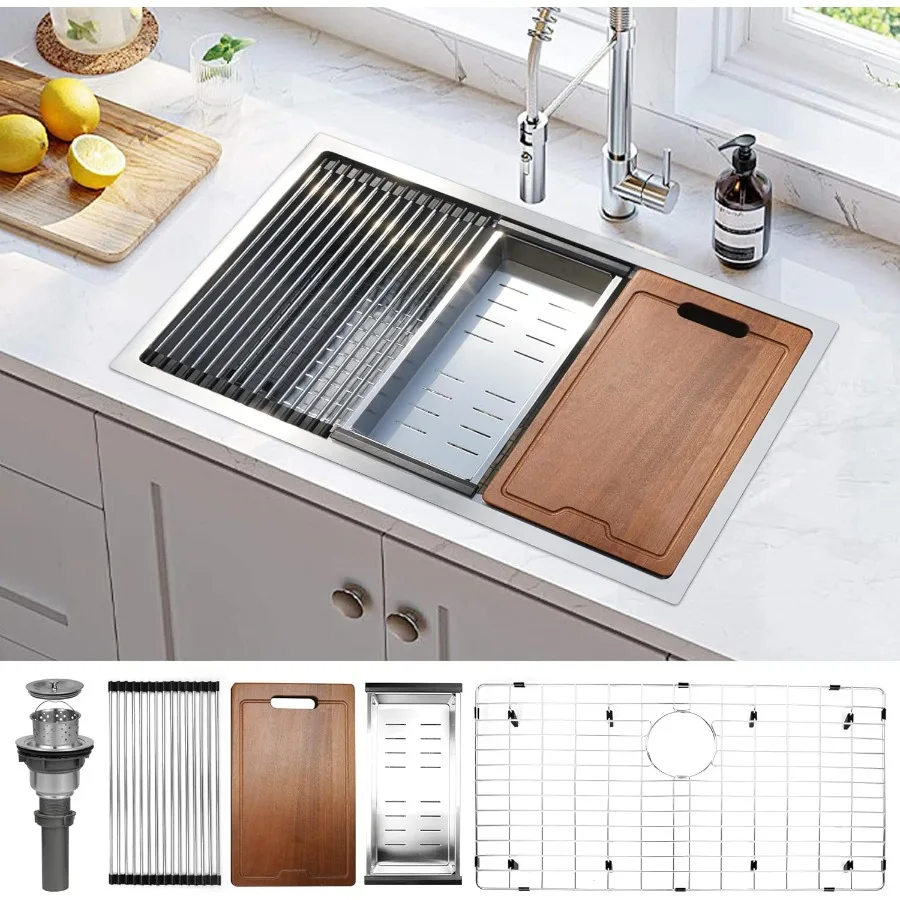 حوض مطبخ 32 بوصة وعاء فردي مقاس 16 مقياس 304 أحواض من الفولاذ المقاوم للصدأ مع حافة وملحقات لمحطة العمل #1