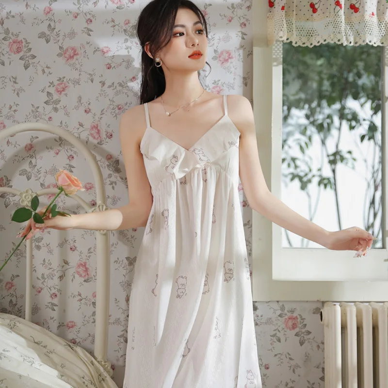 

Women's Silk Sleeveless Sleep Dress Suspender Straps Cute Print Knee Length Pajama Dress with Bra Sexy Sleepwear Night Gown