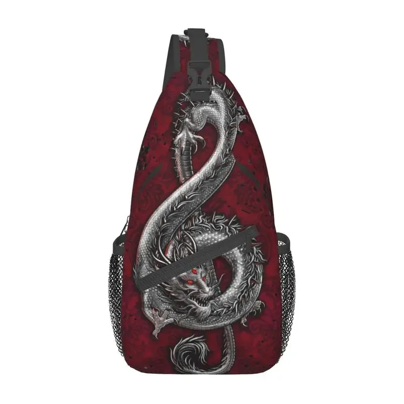 Music Dragon Gothic Pattern Sling Bag for Cycling Camping Men Chinese Asian Style Crossbody Chest Backpack Shoulder Daypack