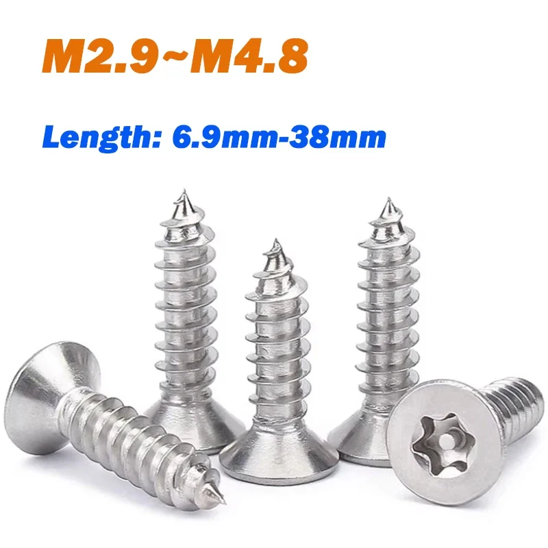 Screw M2.9 M3.5 M3.9 M4.8 304 Stainless Steel Countersunk Head Six-Lobe Self Tapping Bolt Screw Anti-theft Wood Screws