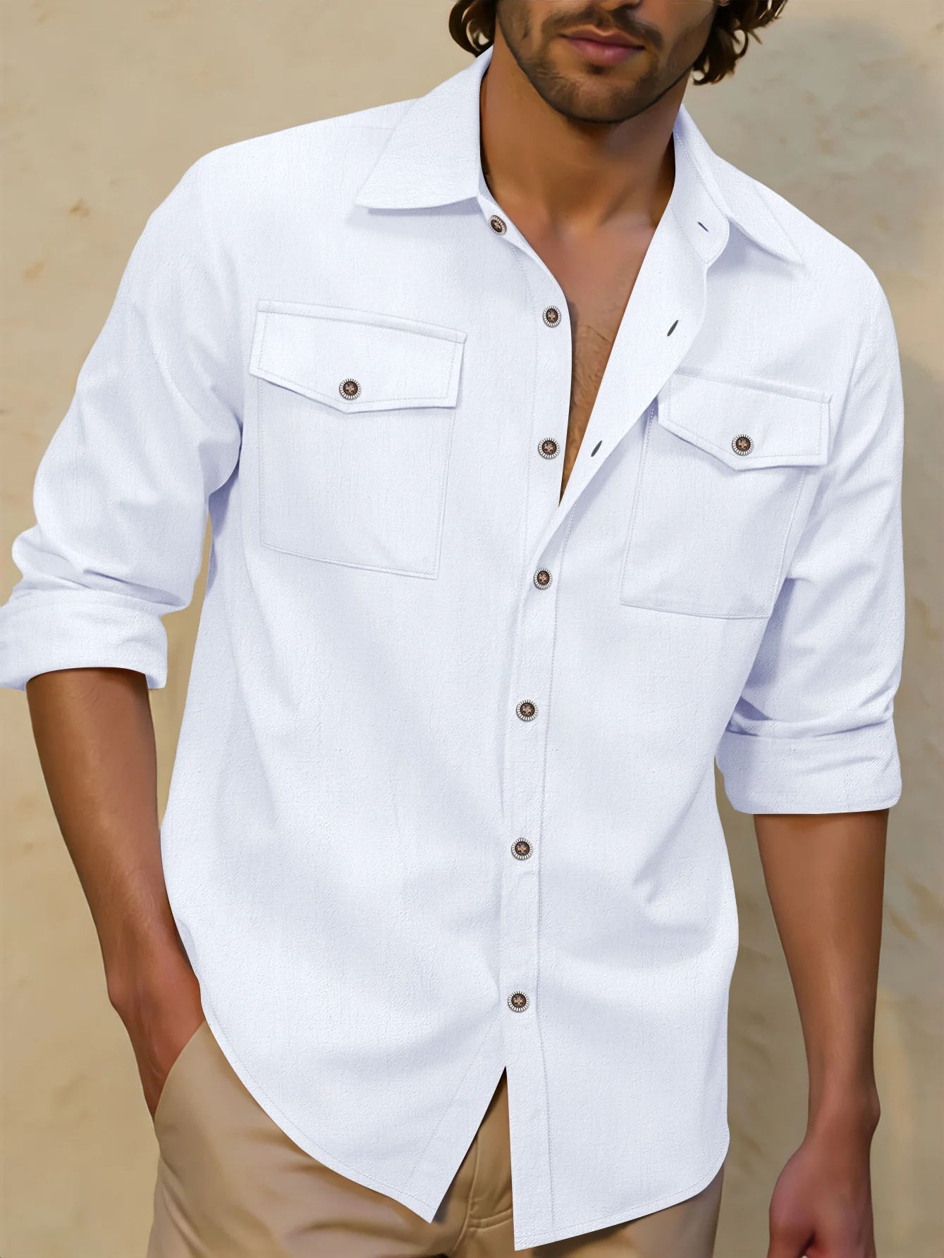 

Men's Linen Blend Long Sleeve Button-Down Shirt, Casual Spread Collar Top with Chest Pockets for Daily & Vacation Wear