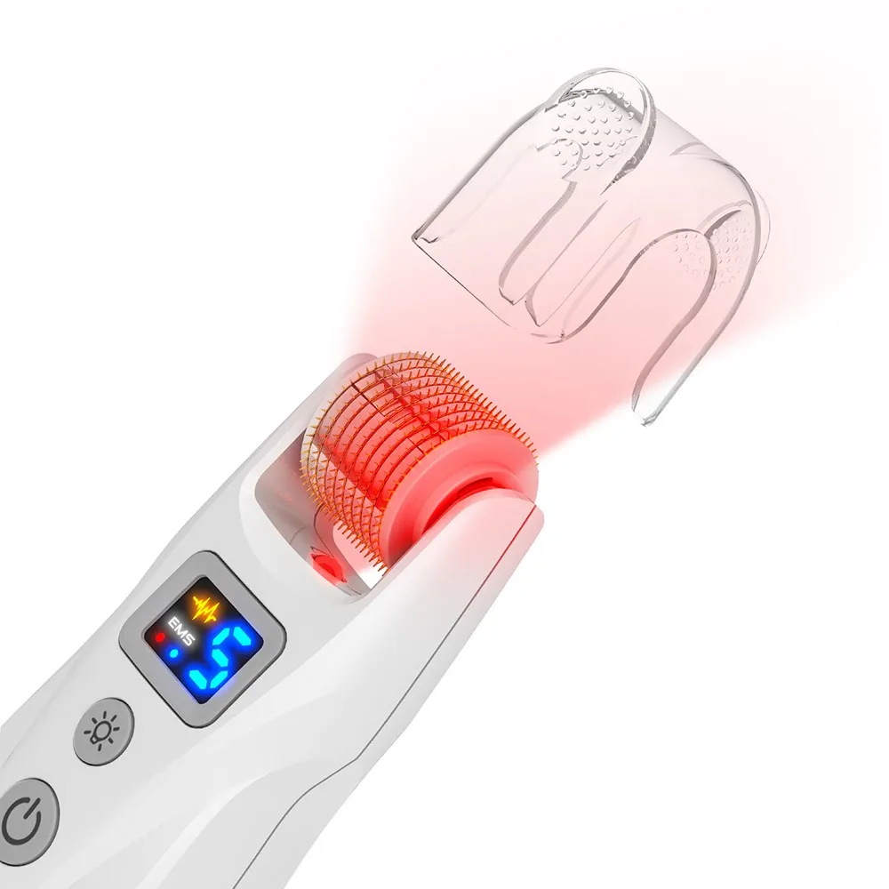 Halo Face Derma Roller G5, dengan 2 buah Titanium kepala rol 540 jarum EMS Led perangkat mikro terapi cahaya merah biru