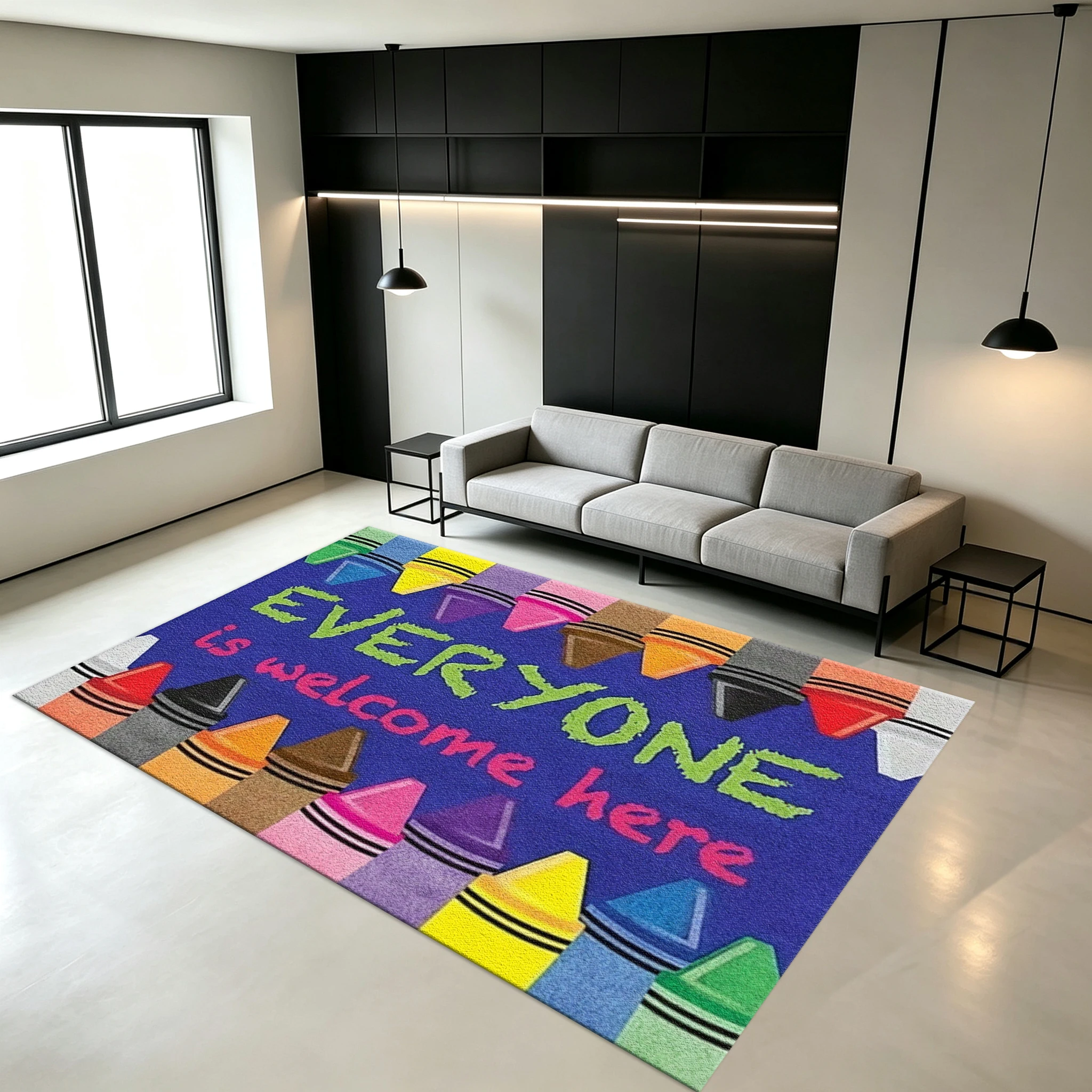 Welcome Here, Everyone Is Welcome. Colorful Crayon Classroom Carpet, Non-Slip Children's Carpet, Suitable for Playrooms, Schools, and Home Decor.