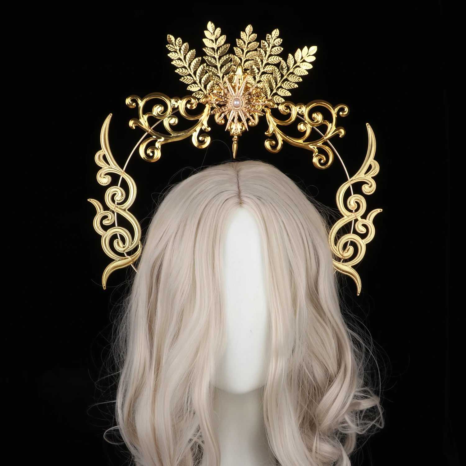 الذهب ورقة الشمس الشمس KC هالو عقال القوطية لوليتا تأثيري إكسسوارات الشعر الملكة الشمس آلهة الباروك المرأة تاج خوذة