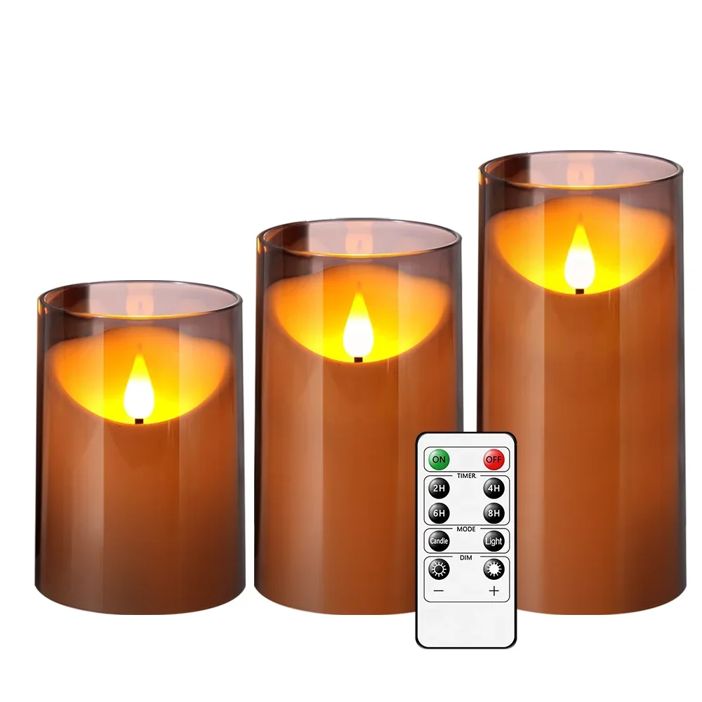 Gray Acrylic Beveled Edge Candles 2AA Battery Flameless LED Dancing Flame Timer Dimmable for Bar Halloween Pub Table Centerpiece