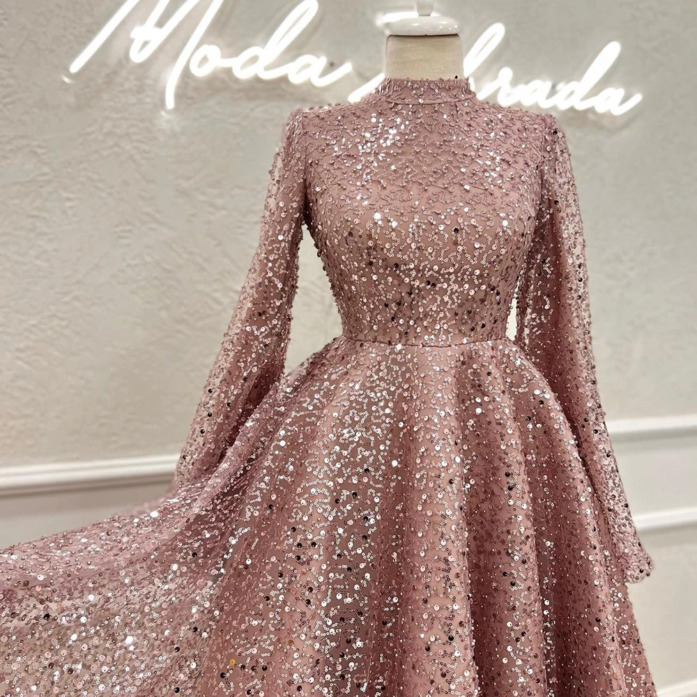 Dubai A-Line Wedding Evening Night Dress for Women Muslim 2023 High Neck Long Sleeves Plus Size Sequin Formal Prom Party Gown