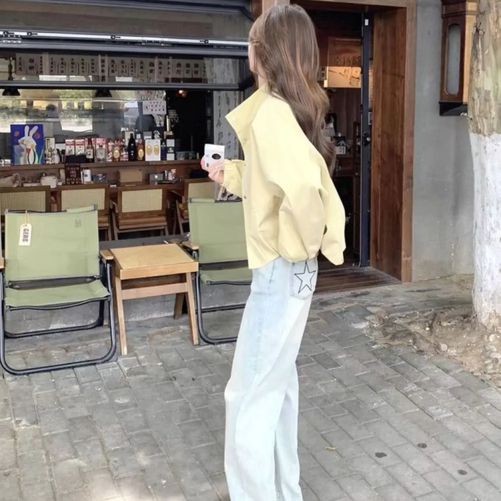 Women Cream Yellow Cargo Jacket Stand Collar Autumn Spring Korean Style Casual Windbreaker Loose Long Sleeve Coat