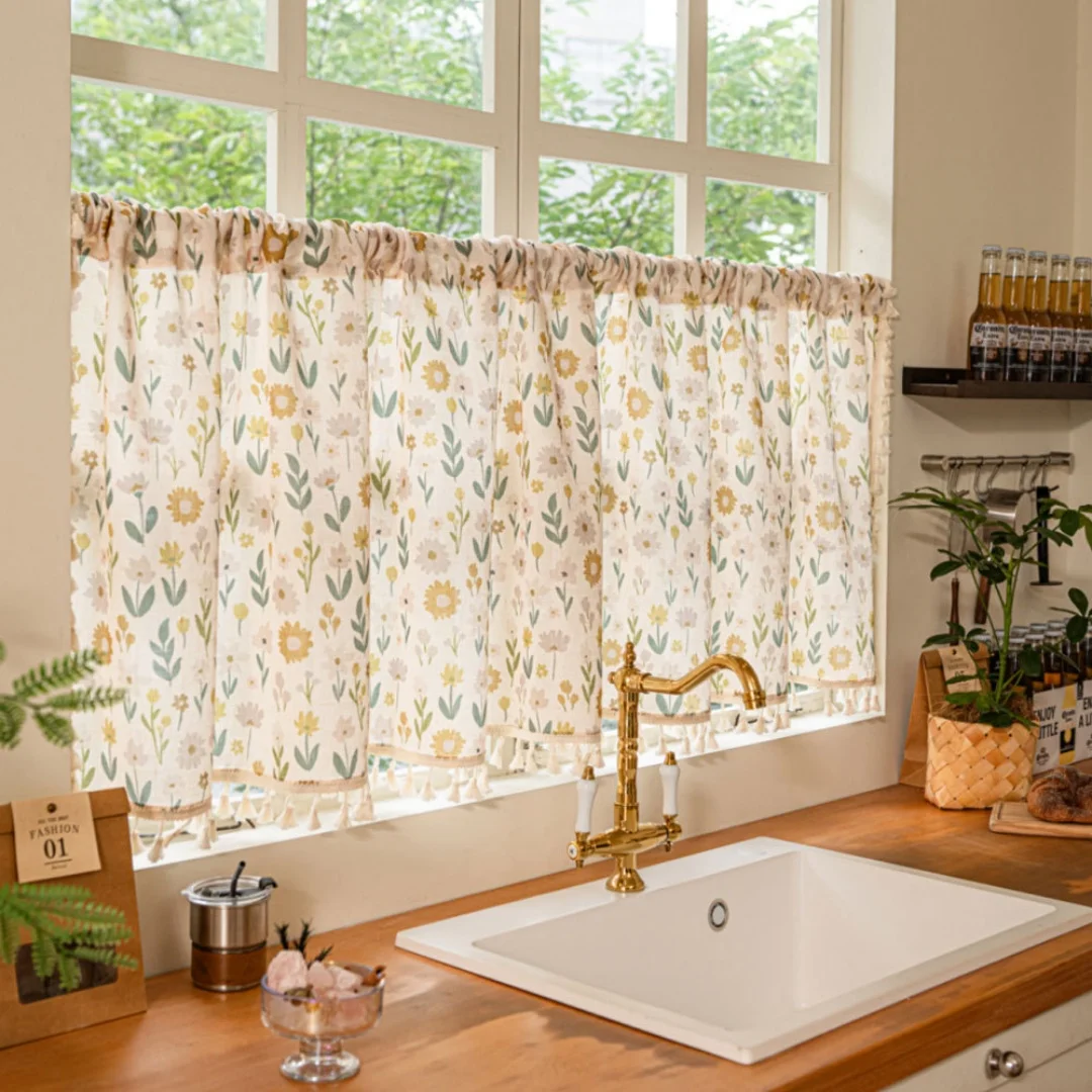 Boho Floral Kitchen Curtain,Short Cafe Curtain with Tassel,Small Window Half Curtain for Bathroom Cabinet Home Decor