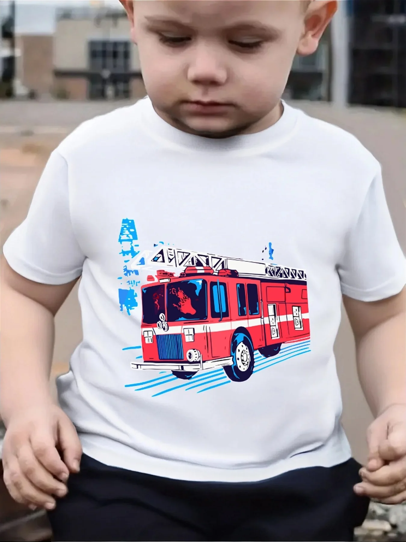 Red Fire Truck Cartoon Vehicle Art Graphic Print Family Matching Short Sleeve Tee Boys Girls Kids Casual Party Daily Tops