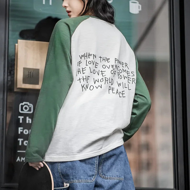 Maden Women Vintage Contrasting Color T-Shirt Letter Graffiti Printing Long Sleeve Tees Female Casual Top Green Oversized Tees