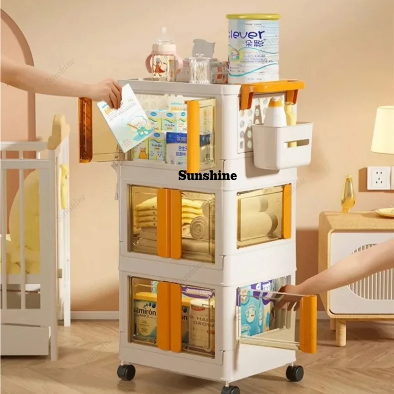 Modern Multi-Layer Baby Storage Cart, Portable Baby Goods Organizer, Dormitory Snack and Item Rack with Four-Sided Doors