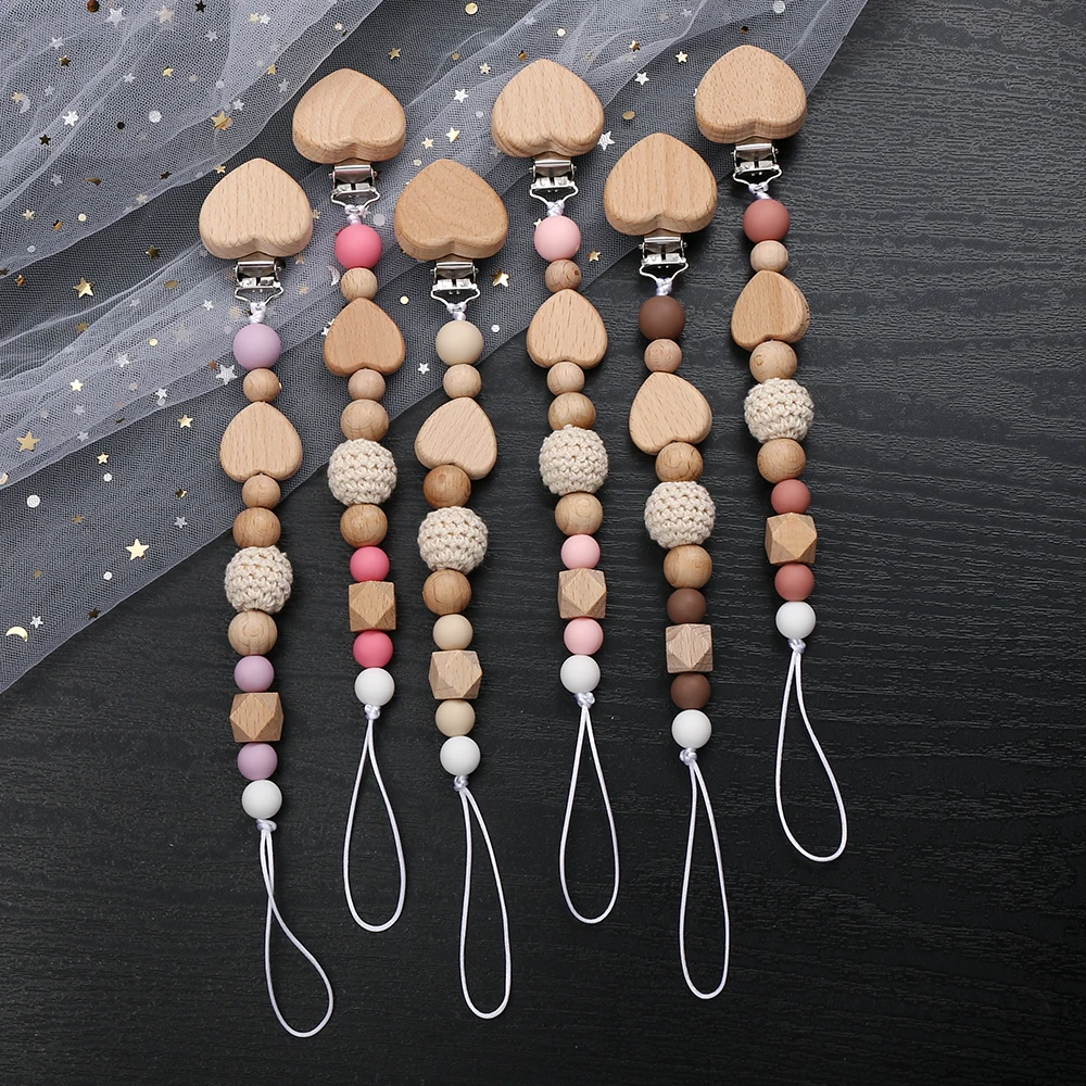 New Heart Baby Anti-Drop Chain Pacifier Clips Silicone Beads Infant Nipple Appease Soother Chain Clips Dummy Holder Nipple Clip