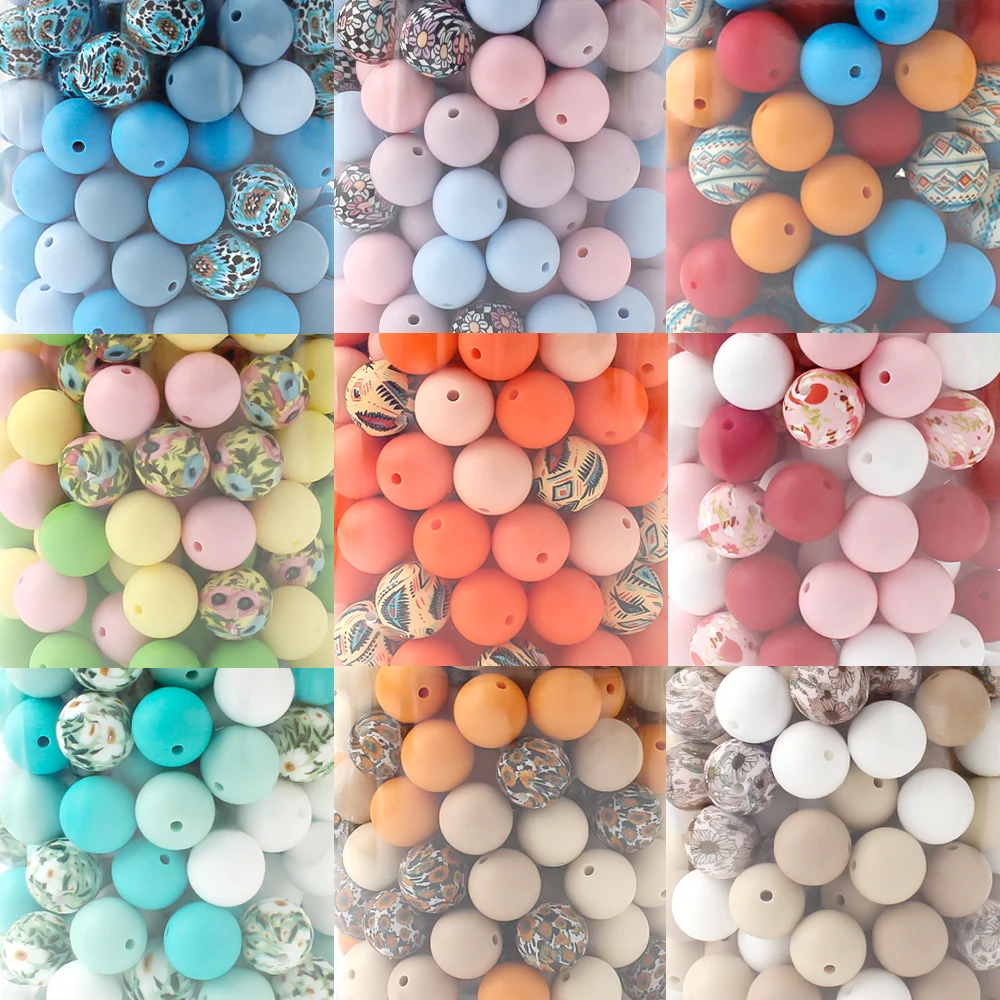 20PCS Printed Silicone Bead 15mm Colorful  Round Loose Beads For Jewelry Making  DIY Pens Keychain Lanyards Craft Supplies