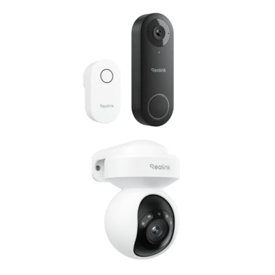 Outdoor security bundle: E1 Pro 4K PTZ camera with auto tracking, 2K+ WiFi video doorbell with chime, weatherproof housing, bla