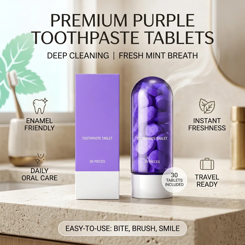 Purple Toothpaste Tablets Removing Dental Plaque & Food Residue Long-Lasting Freshing Breath Gum Care Mint Tooth Cleaning Tablet