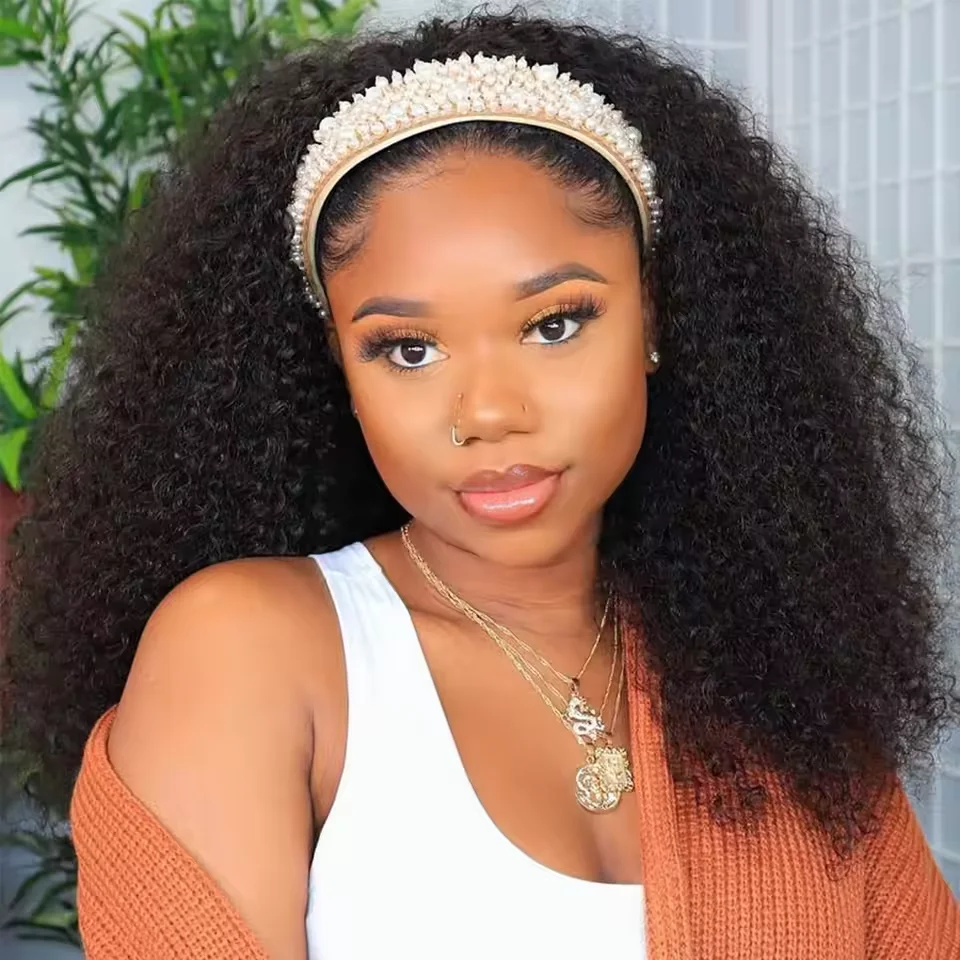 

Brazilian Kinky Curly Headband Wig 100% Human Hair For Black Women 250% Density Glueless Remy Full Machine Made Hair