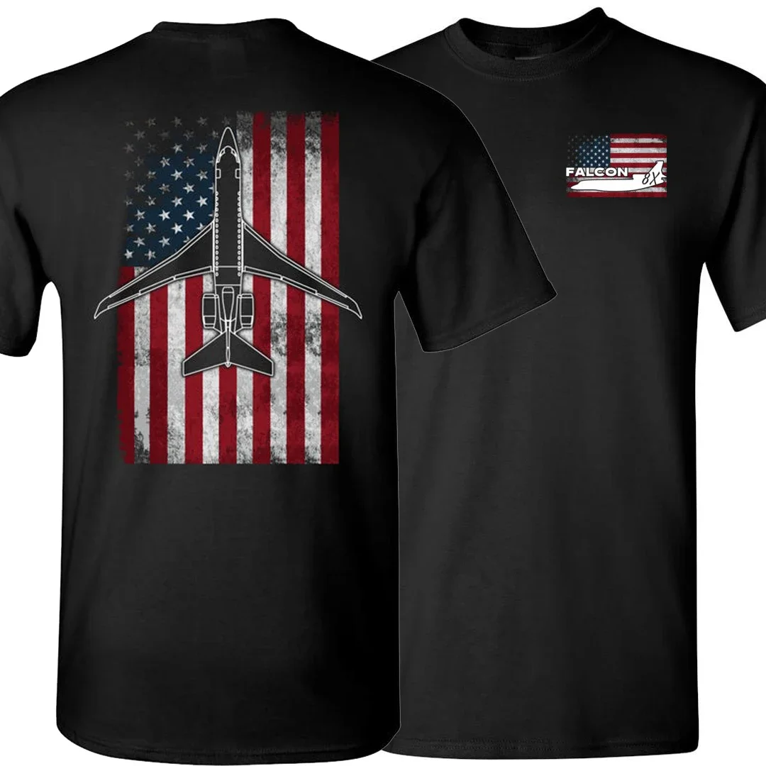 Vintage American Flag Dassault Falcon 8X Corporate Aircraft T-Shirt. Summer Cotton Short Sleeve O-Neck Mens T Shirt New S-3XL