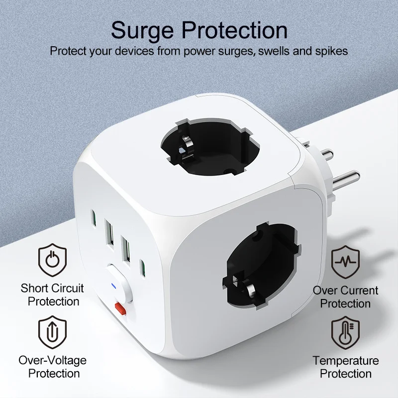 Power Strip Wall Socket Extender with 2 meter extension line 3 AC Outlets 2 USB Ports And 2Type C 7-in-1 EU Plug Charger Switch