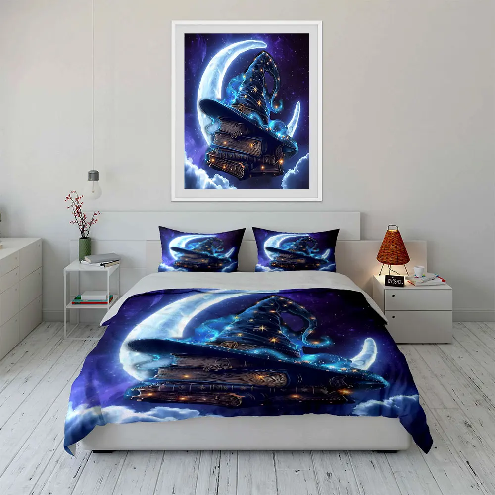 Magical books and starry wizard hat Print Soft Comfortable Duvet Cover Bedding Set Included 1*Duvet Cover  2*Pillowcases