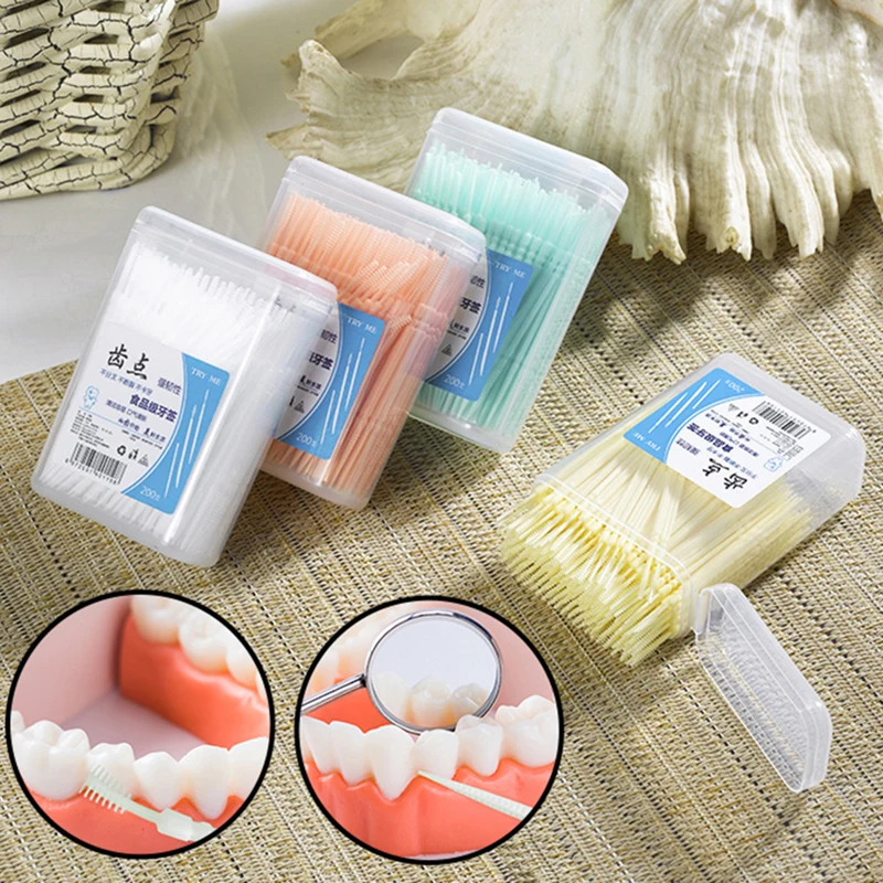 200Pcs Plastic Toothpick Double-Headed Teeth Cleaning Oral Care Interdental Brush Toothpick Floss Disposable Teeth Hygiene