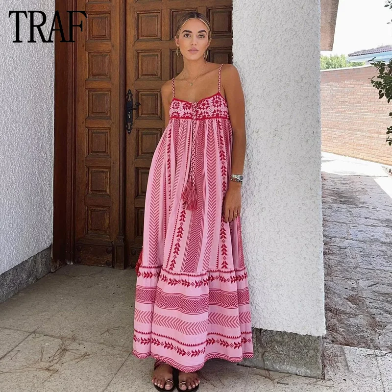 TRAF Pink Crochet Slip Dress Women Boho Pleated Maxi Dress Woman Summer Backless Long Dresses for Women 2023 Beach Female Dress