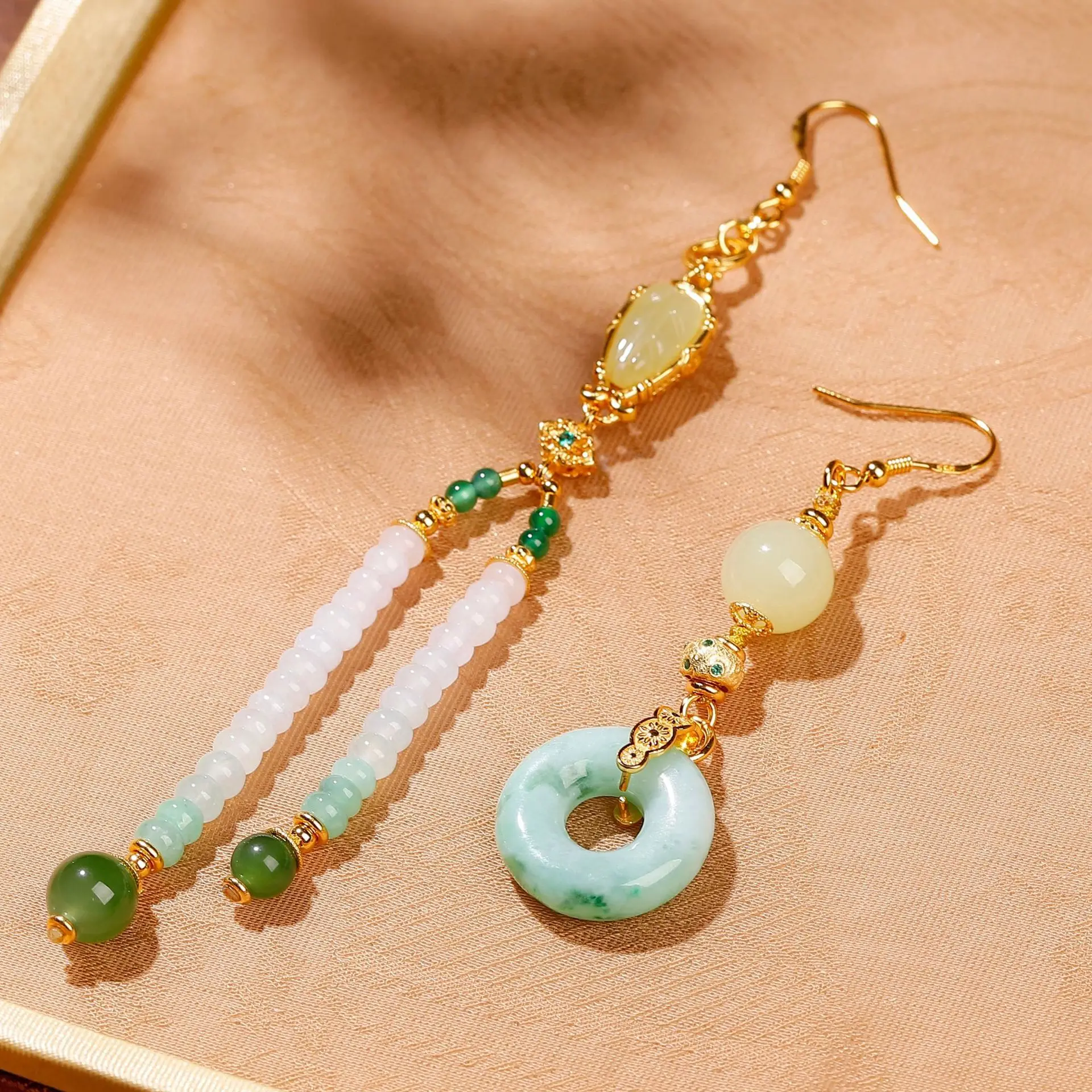 

Natural Grade A Jadeite AB Style Earrings Hetian Jasper Tassel Gilded S925 Silver Chinese Women Drop Ear Jewelry