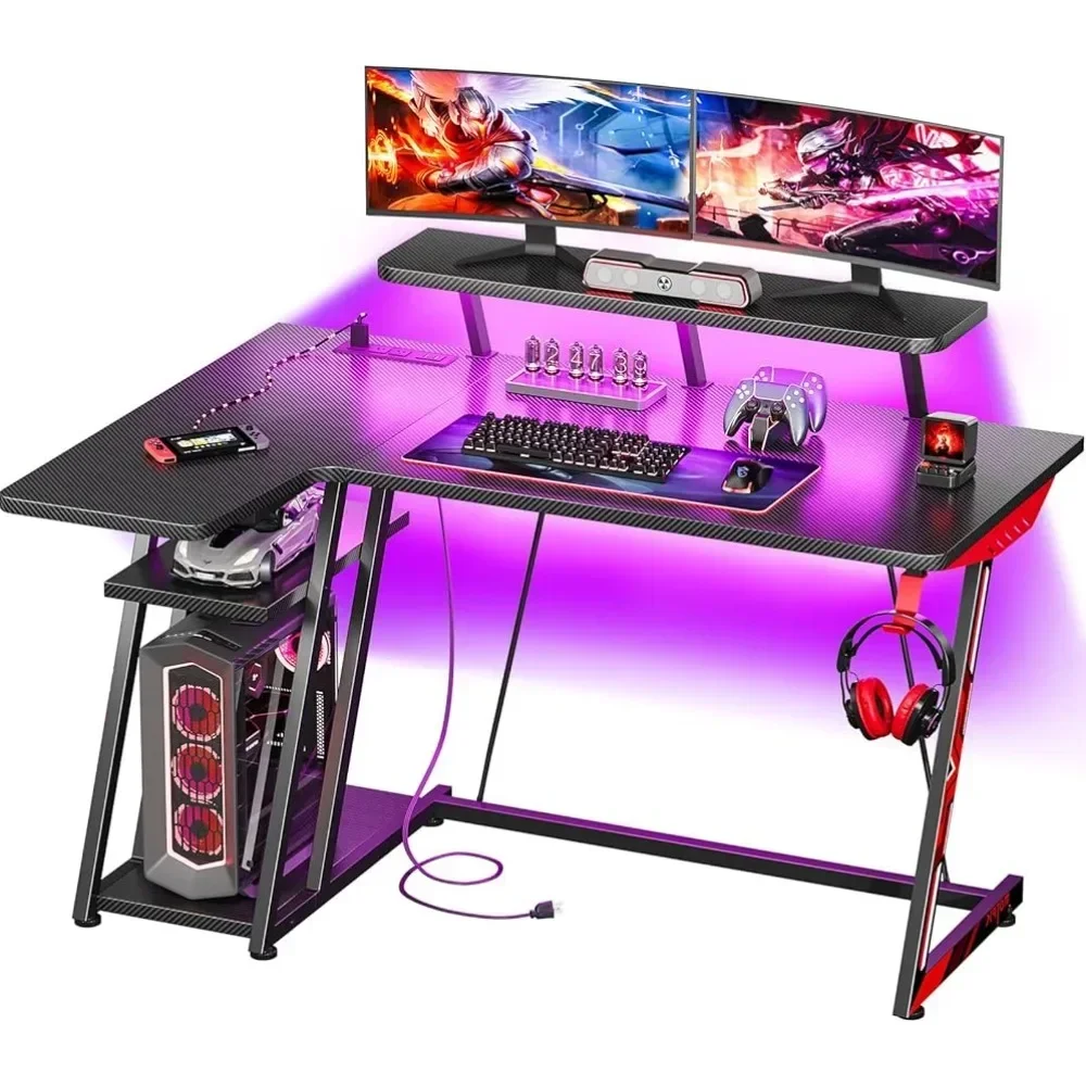 

L Shaped Gaming Desk with LED Lights & Power Outlets, Gaming Computer Table 47inch with Storage Shelf, Corner Desk, Black