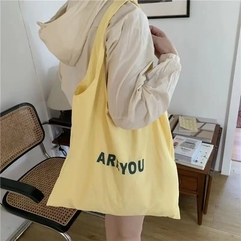 Candy Color Letter Shopping Bags Women Korean Ins Large Capacity Foldable Canvas Bag All-match Sweet Casual Student Bolso Mujer