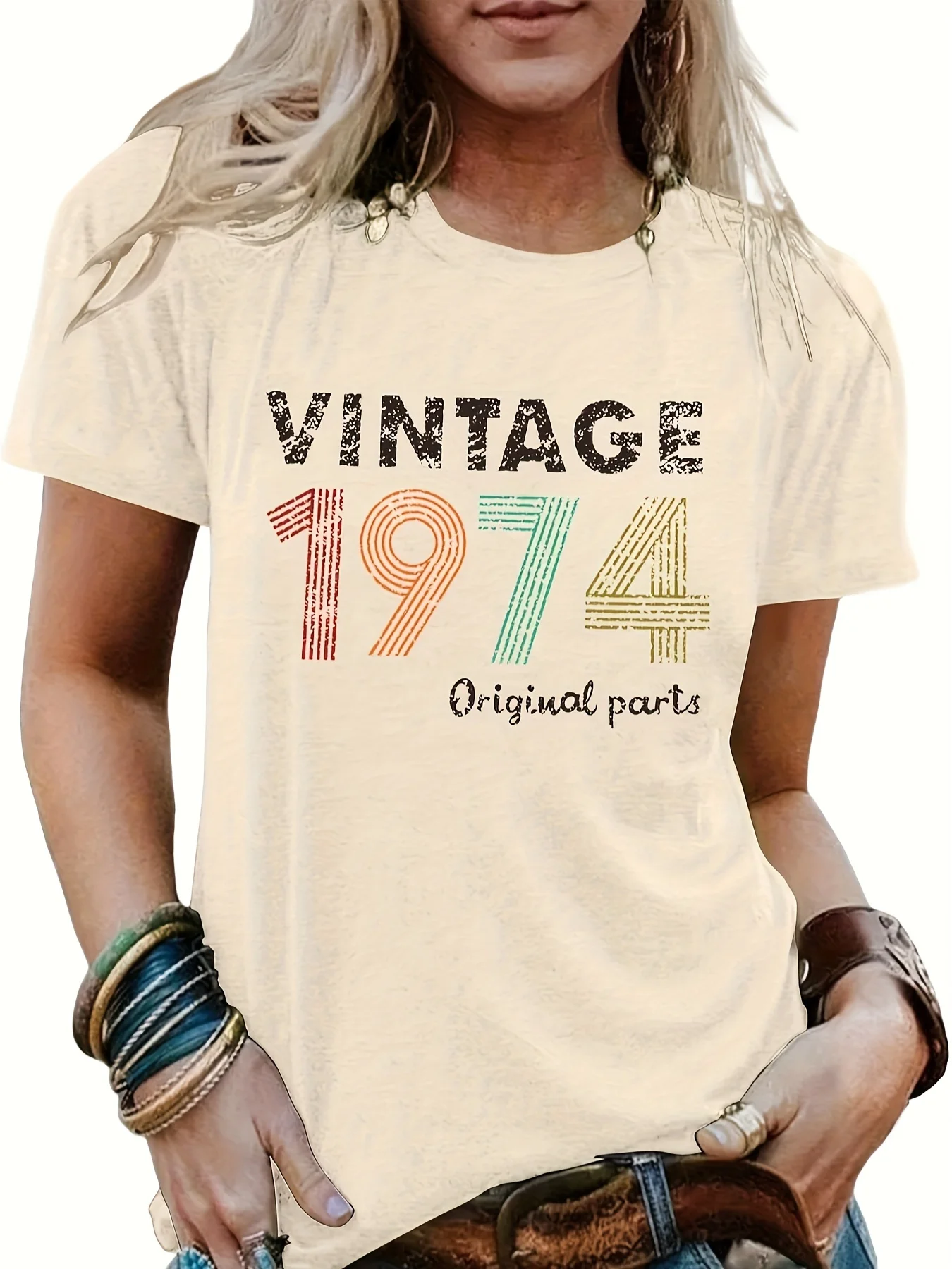 

Женская Винтажная футболка с коротким рукавом, круглым вырезом и принтом