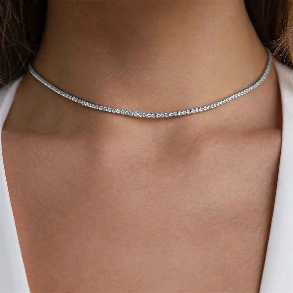 2mm Tennis Chain Choker Necklace Female Silver Color Stainless Steel Iced Out Neck Chain for Women Fashion Party Jewelry Gift