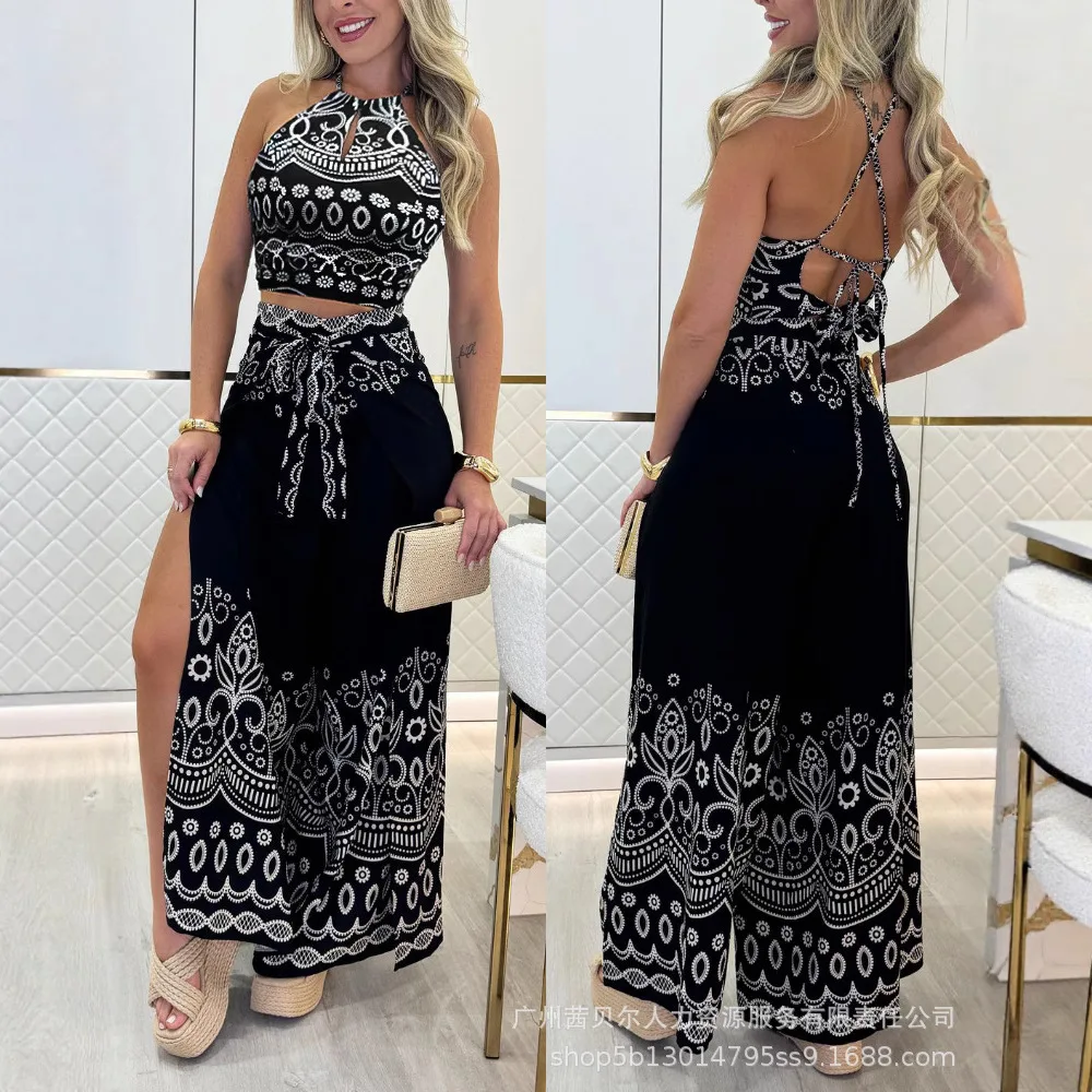 

Комплект из двух предметов: топ без рукавов с вырезом замочной скважины и широкие брюки с завязками и разрезами, комплекты женской модной одежды