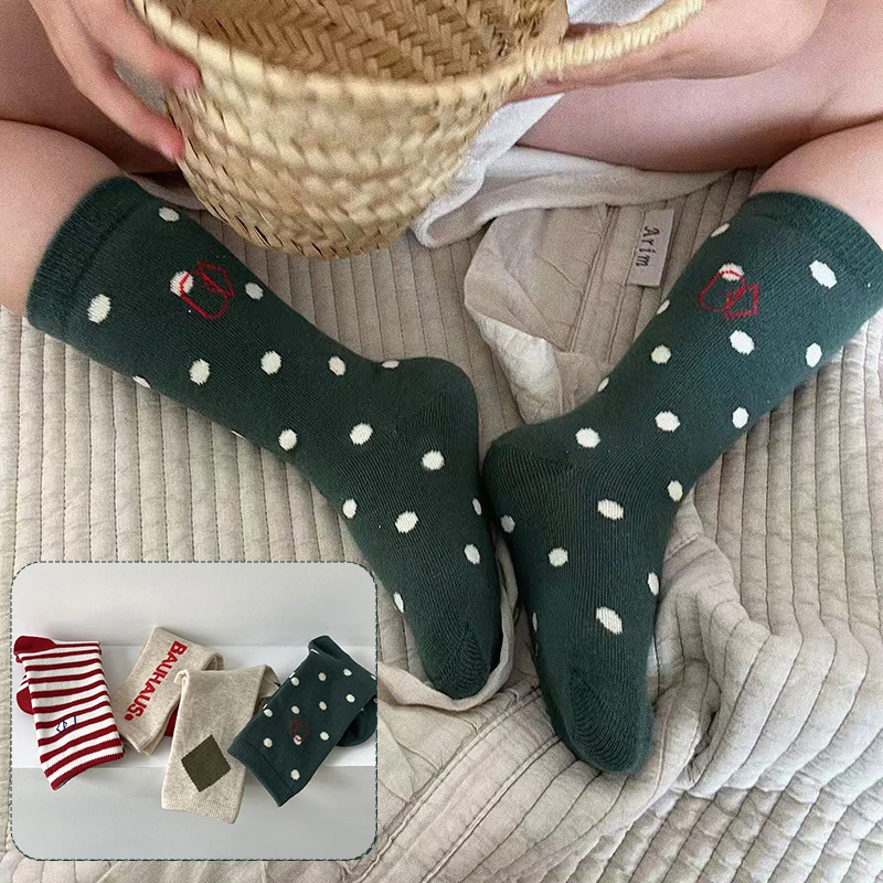 

Spring Autumn Kids Stockings Fashion Stripe Dot Children Sock 3-8Year Boy Girl Comfortable Cotton Mid Tube Sock Toddler Footwear