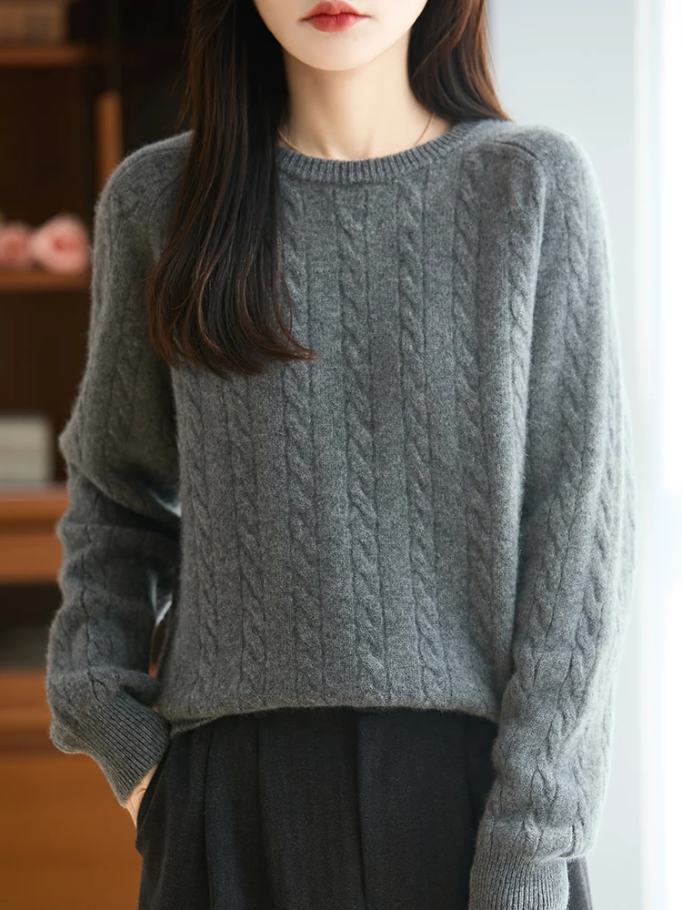 سترة تريكو من صوف ميرينو 100% بلوفر نسائي برقبة دائرية للخريف والشتاء من الصوف الخالص بأكمام طويلة ملابس شعبية مريحة