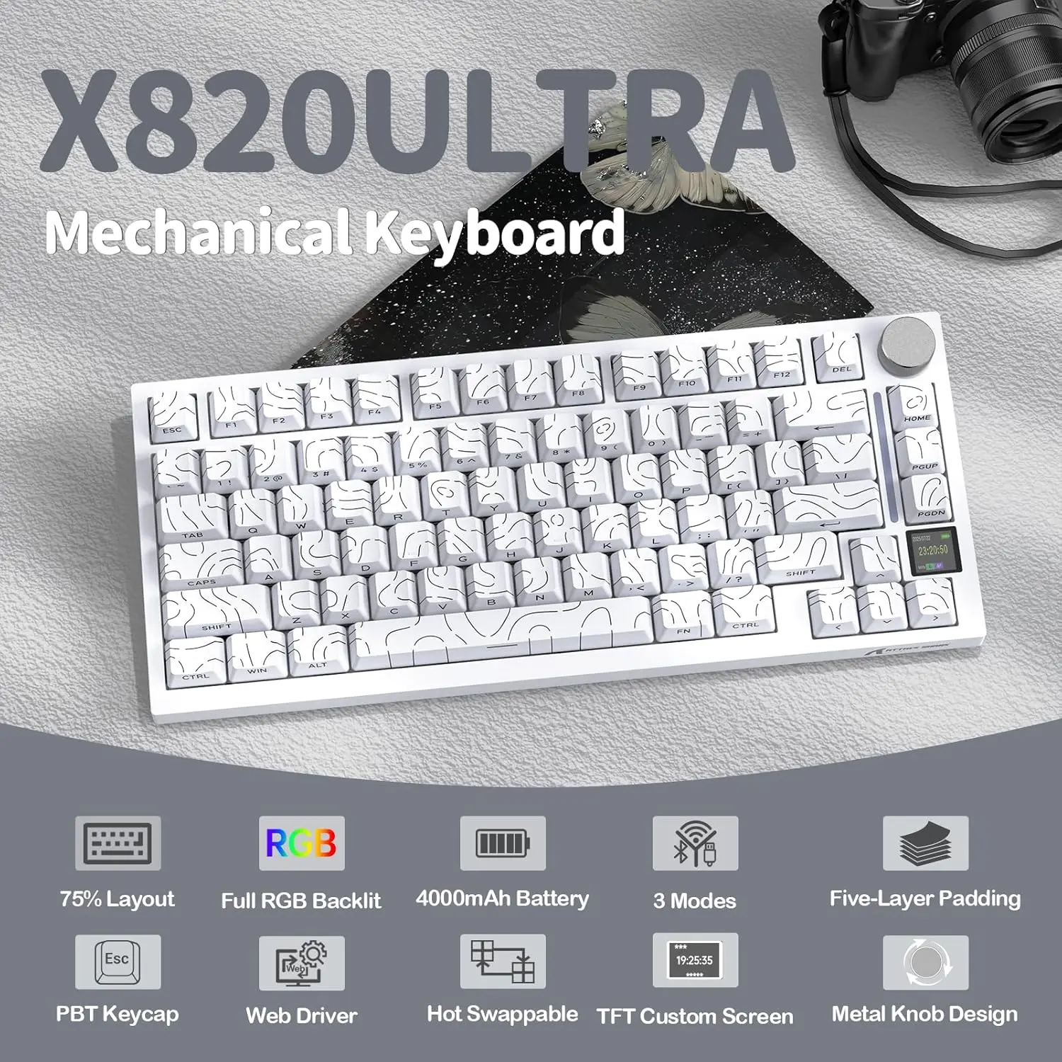 

ATTACK SHARK X820 Ultra 75% Wireless Gaming Mechanical Keyboard Hot-Swappable Gasket Mount RGB Backlit