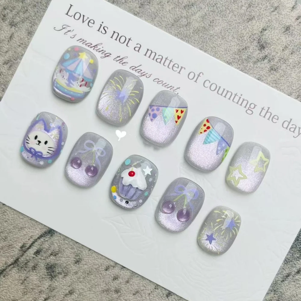 New 10Pcs Colorful Cat Eye Kawaii Handmade Press On Nails Full Cover Hand-Painted Cat Lace Bowknot Pearl Wearable False Nail Art