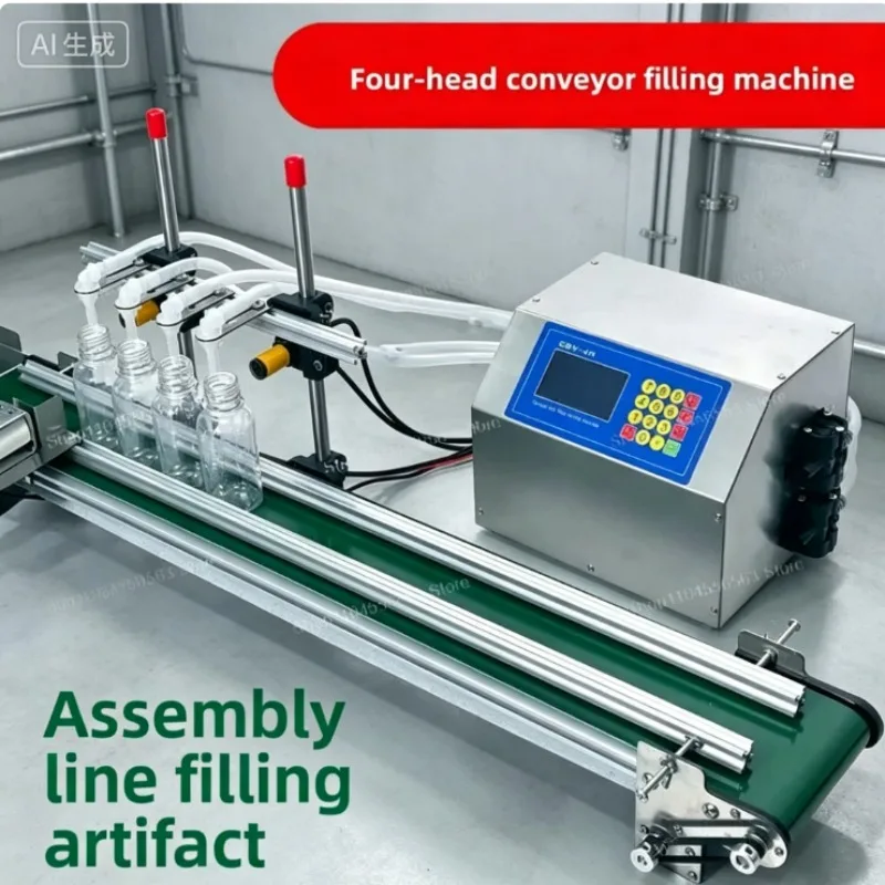 1-4 Nozzle Tabletop Liquid Filling Machine, Automatic Low-Viscosity Filler with Conveyor Belt for Juice Water Bottle Filling