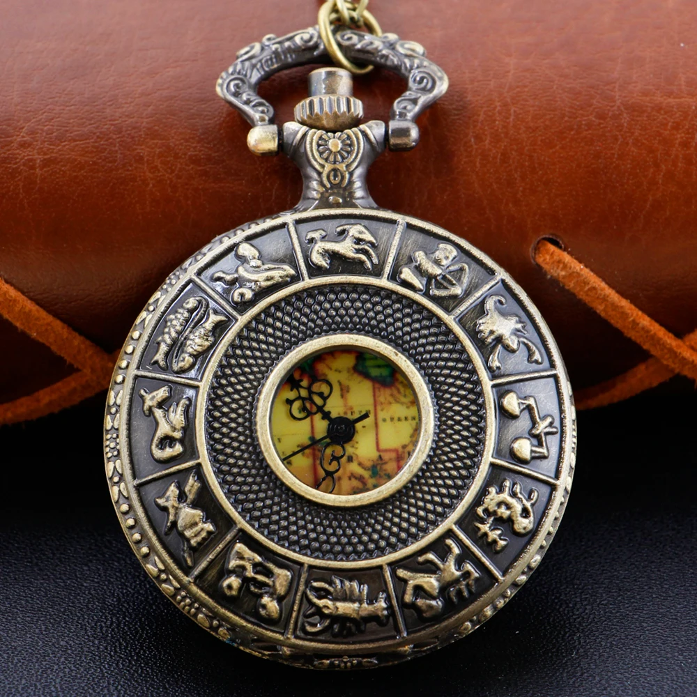 Chinese Zodiac Zodiac Quartz Pocket Watch Vintage Map Dial with Chain Necklace Pendant Jewelry Clock Festival Gift