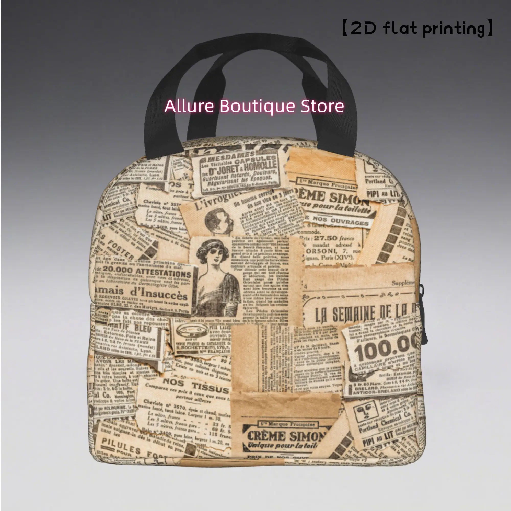 1pc Vintage Newspaper Collage Reusable Cooler Bag - Insulated Lunch Tote for Office, Beach & Outdoor, Durable Polyester Square D