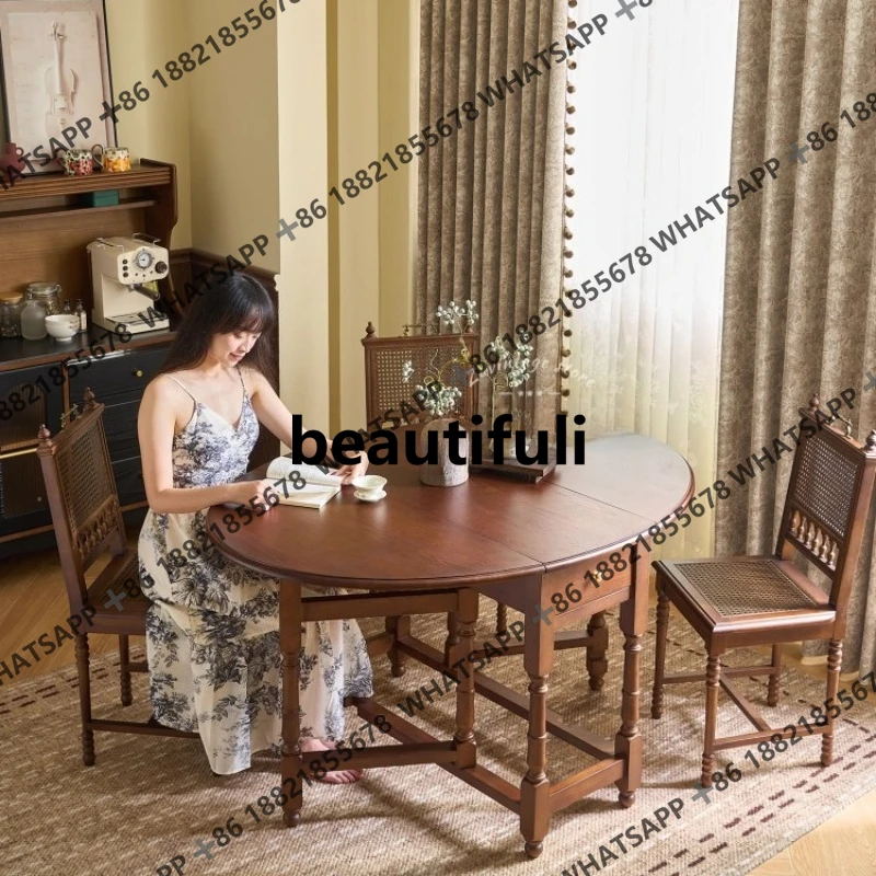 

Retro solid wood bilateral folding variable round table small apartment drawer household wall table