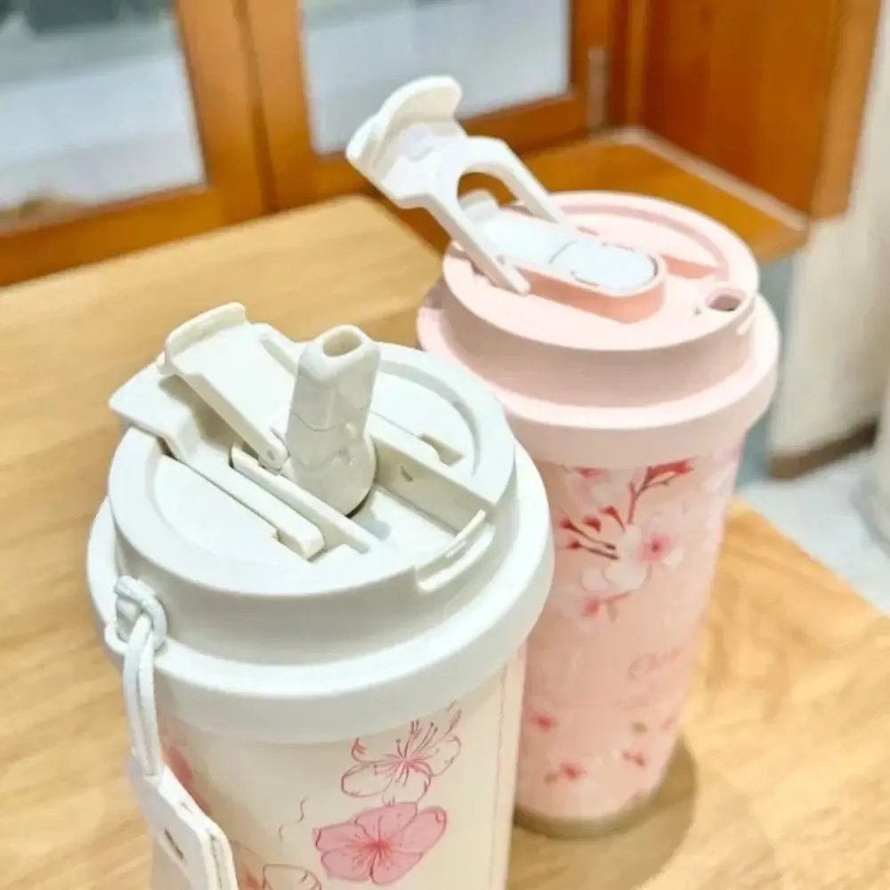 Valley Flower Cute Water Bottle With Straw 500ml 316 Stainless Steel Coffee Cup With Straw INS Style Leakproof